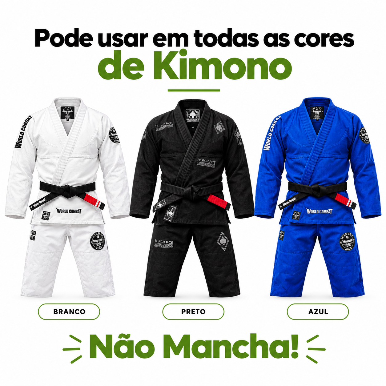 Pode usar em todas as cores de kimono: branco, preto e azul. Não mancha!